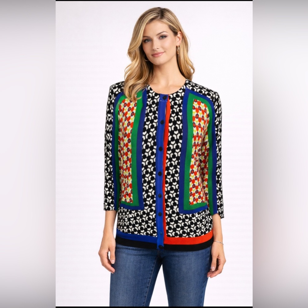 Joseph A Womens Cardigan Sweater M Medium NWT Hive Print Stretch